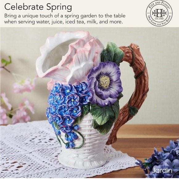 Fitz and Floyd Jardin Floral Bouquet Pitcher Vase Decorative, 9.5 Inch High - Picture 4 of 10